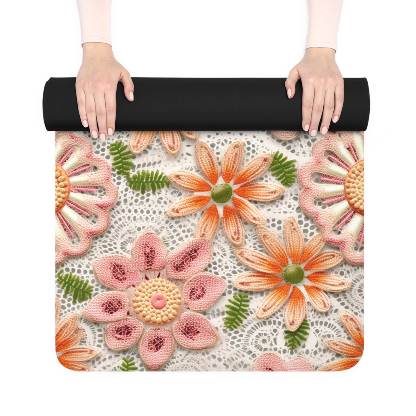 Floral Embroidered Eyelet: Delicate Flower Elegant Pattern - Rubber Yoga Mat