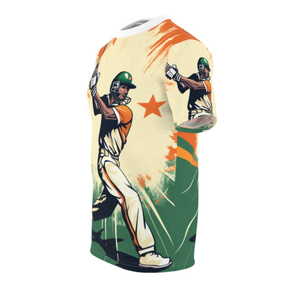 Estrella de críquet de la India: Bateador con bate de sauce, estilo bandera nacional - Juego deportivo - Camiseta unisex de corte y costura (AOP) 