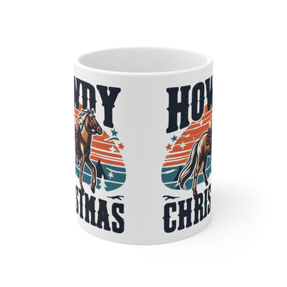 Retro Western Christmas - Howdy Christmas with Patriotic Horse and Star Banner - Ceramic Mug 11oz