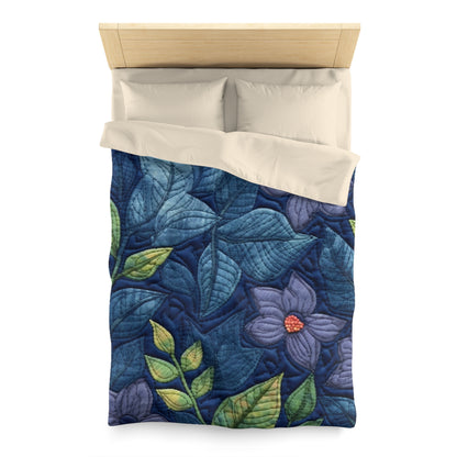 Floral Embroidery Blue: Denim-Inspired, Artisan-Crafted Flower Design - Microfiber Duvet Cover