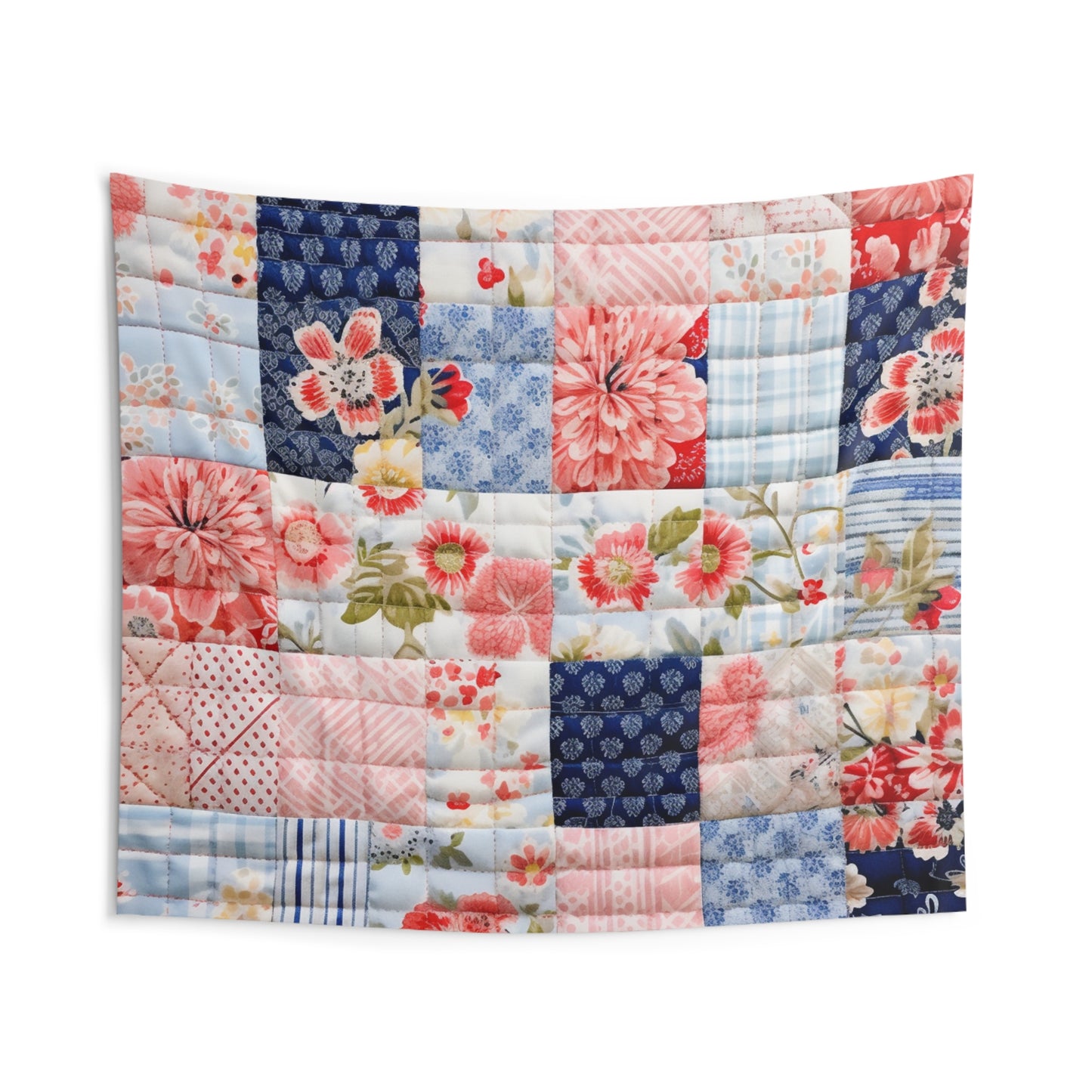 Floral Harmony Quilt, Blossom Patchwork, Blue and Pink Quilted Patterns, Garden Quilt, Soft Pastel Quilting Squares Design - Indoor Wall Tapestries