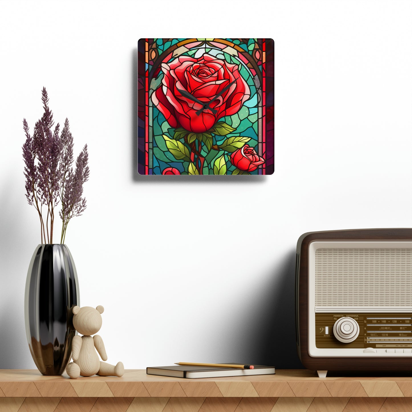 Stained Glass Flower Rose Design - Acrylic Wall Clock