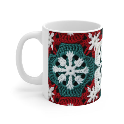 Christmas Snowflake Crochet, Festive Yuletide, Winter Wonderland Craft, Ice Crystal, Holiday Decor, Seasonal Adornments - Ceramic Mug 11oz