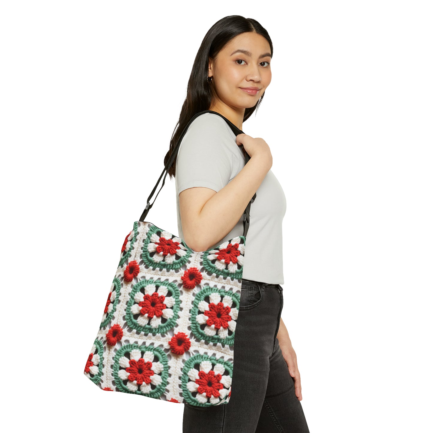 Christmas Granny Square Crochet, Cottagecore Winter Classic, Seasonal Holiday - Adjustable Tote Bag (AOP)