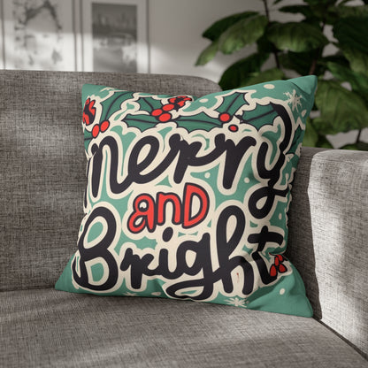 Merry and Bright Christmas Theme Holiday - Spun Polyester Square Pillow Case