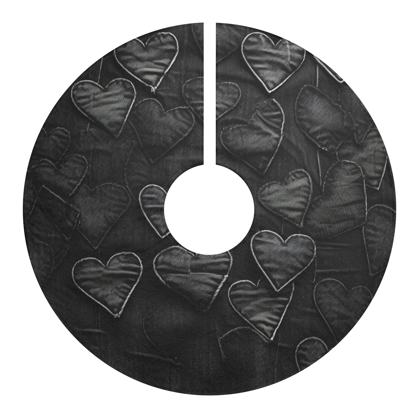 Black: Distressed Denim-Inspired Fabric Heart Embroidery Design - Christmas Tree Skirts