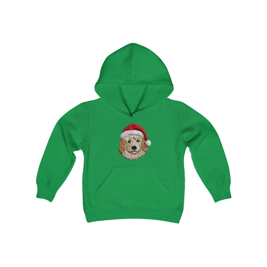 Chenille Dog Embroidered Patch - Christmas Puppy with Santa Hat - Youth Heavy Blend Hooded Sweatshirt