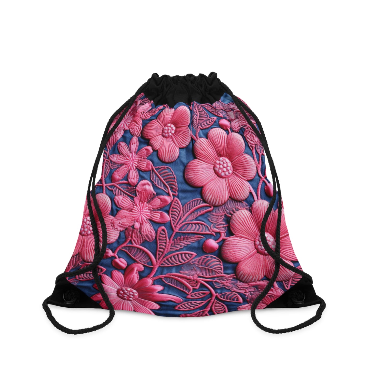 Denim Blue Doll Pink Floral Embroidery Style Fabric Flowers - Drawstring Bag