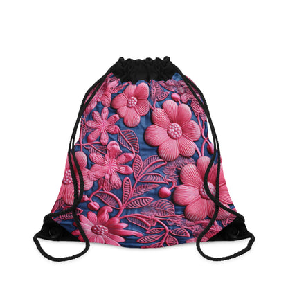 Denim Blue Doll Pink Floral Embroidery Style Fabric Flowers - Drawstring Bag
