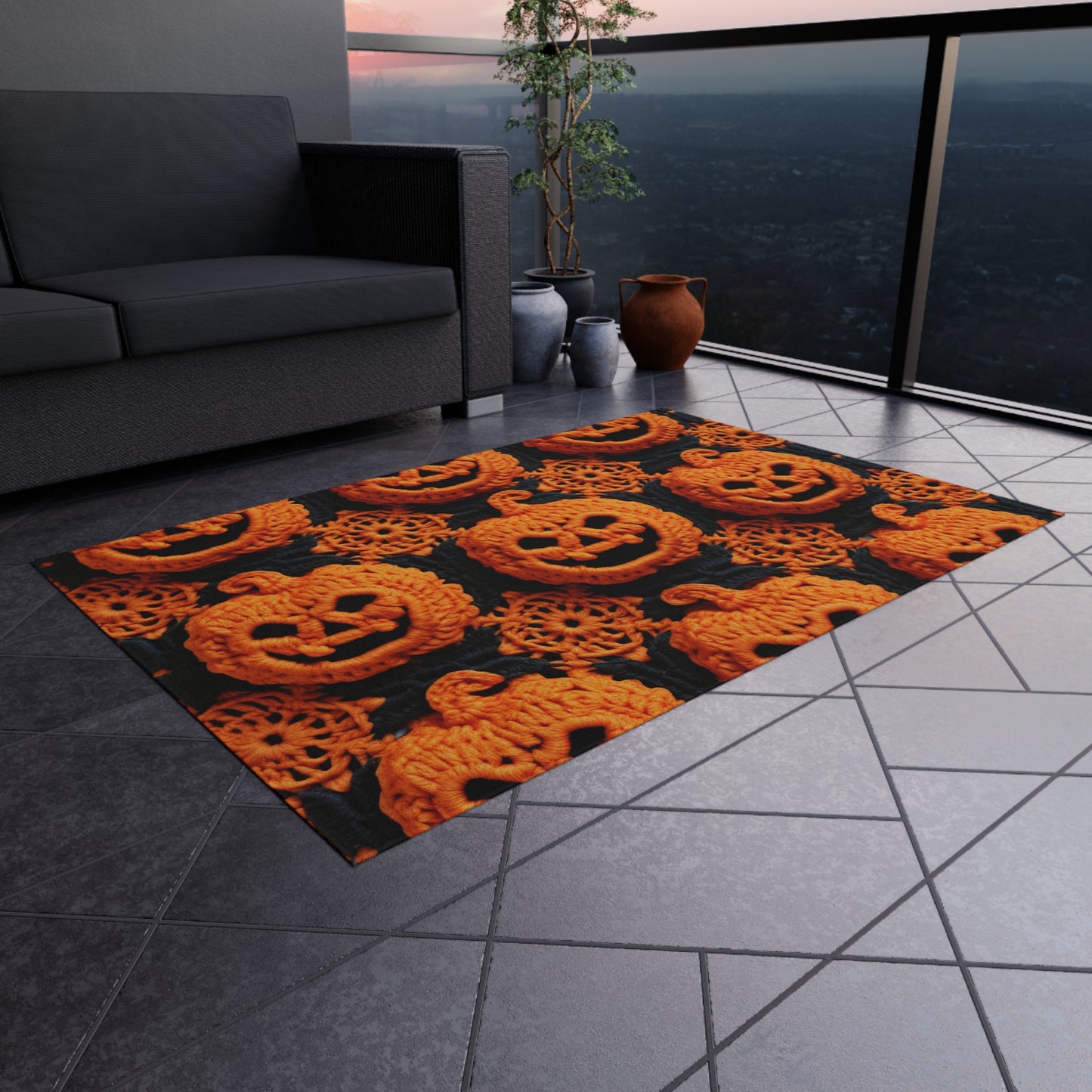 Halloween Crochet Pumpkin Scary Horror Festive Holiday Pattern - Outdoor Rug