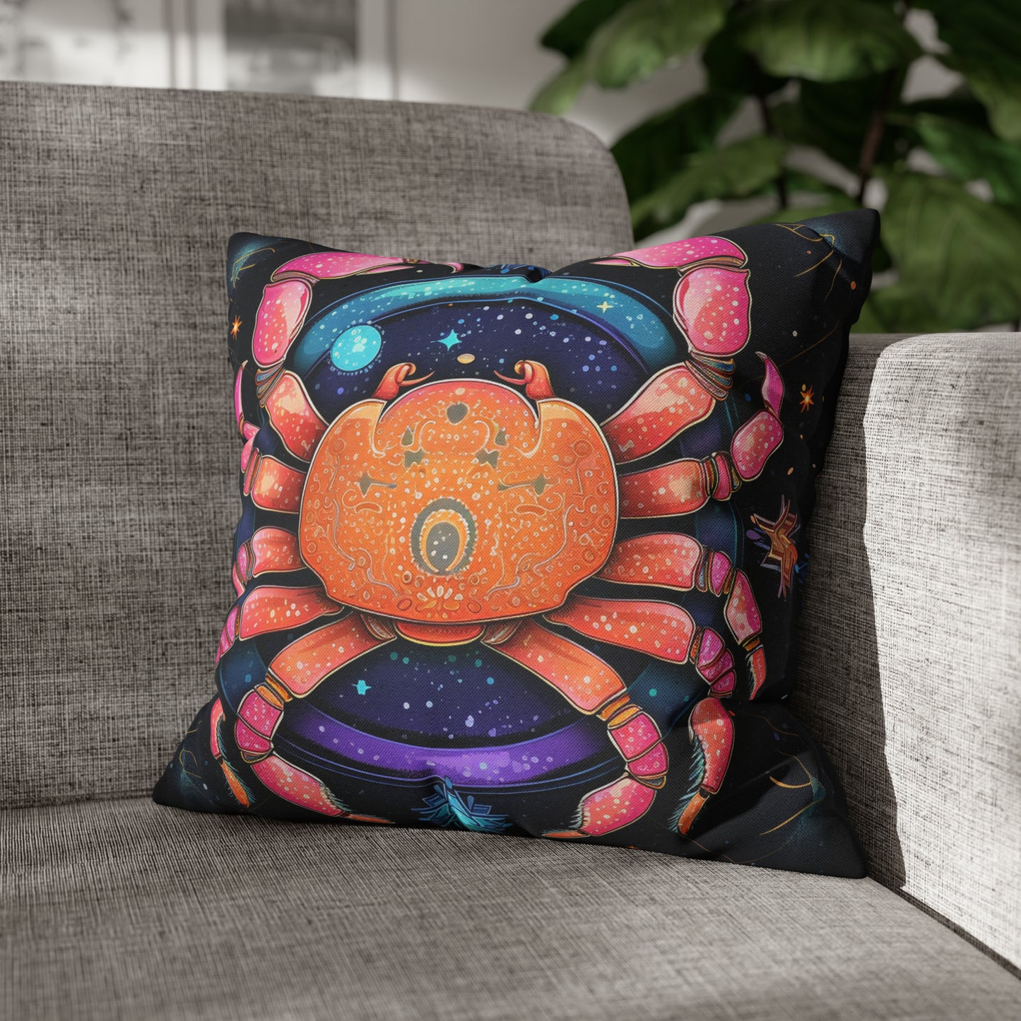 Rainbow Celestial Crab - Vibrant Cancer Zodiac Sign Art - Spun Polyester Square Pillow Case