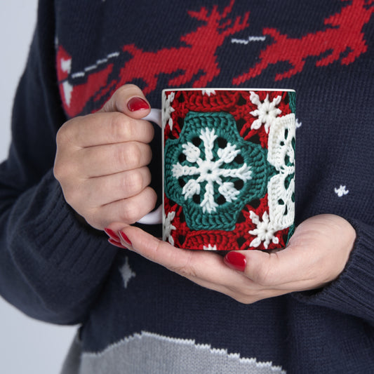 Christmas Snowflake Crochet, Festive Yuletide, Winter Wonderland Craft, Ice Crystal, Holiday Decor, Seasonal Adornments - Ceramic Mug 11oz