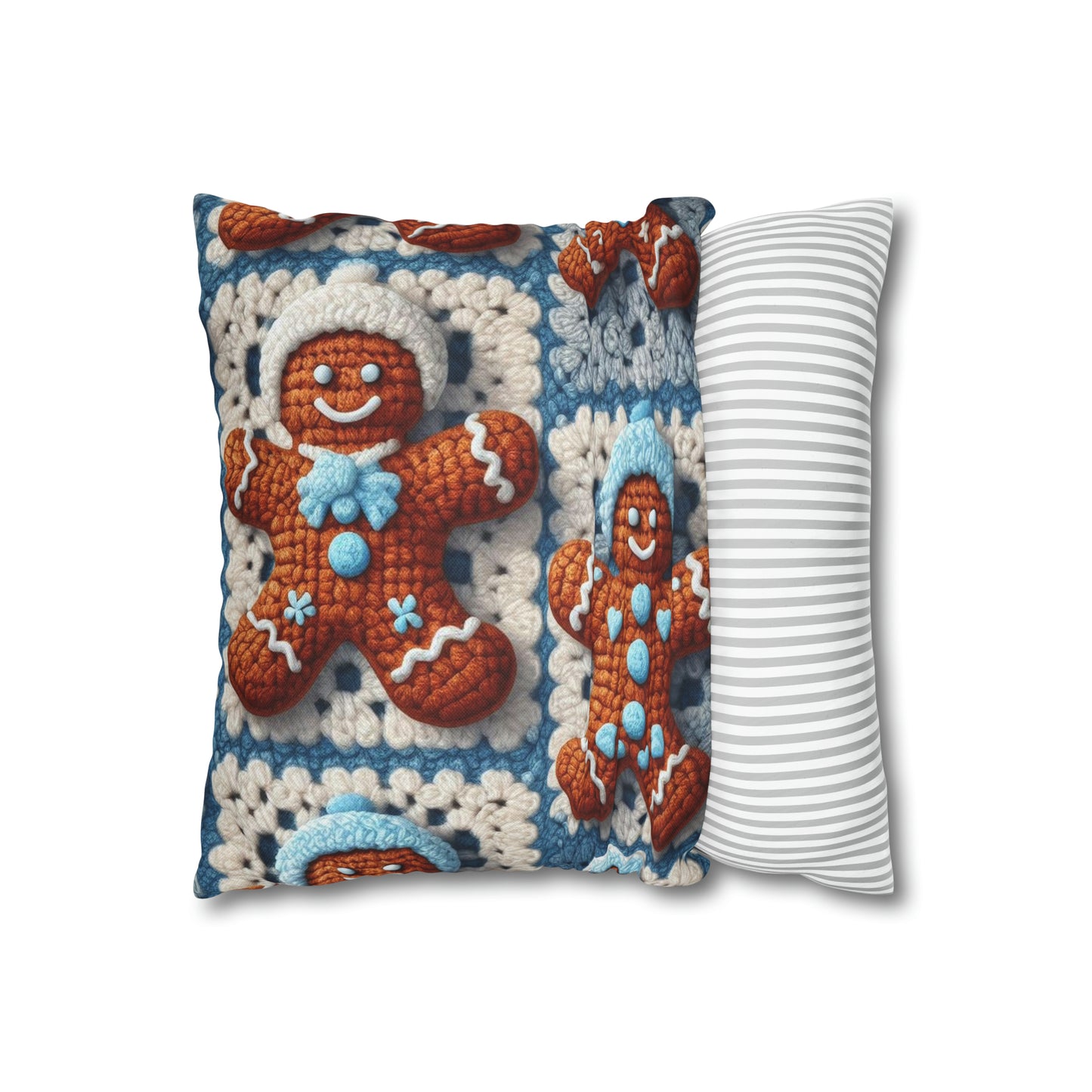 Winter Cheer: Charming Crocheted Gingerbread Christmas Friends Adorned with Snowy Hats and Sweet Smiles - Spun Polyester Square Pillow Case