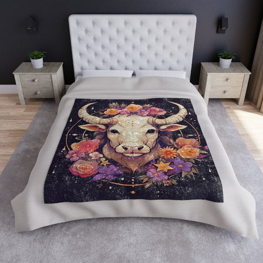 Taurus Zodiac Bull Flower Accents - Astrology Sign - Crushed Velvet Blanket