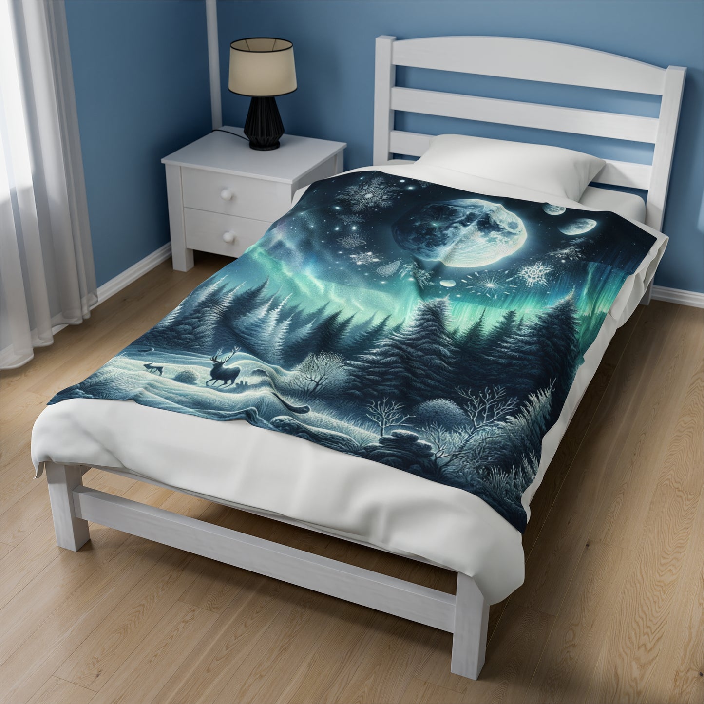 Enchanted Solstice Night: Mystical Winter Scene with Northern Lights and Wildlife - Velveteen Plush Blanket