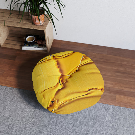 Banana Yellow Lemon: Bold Distressed, Denim-Inspired Fabric - Tufted Floor Pillow, Round