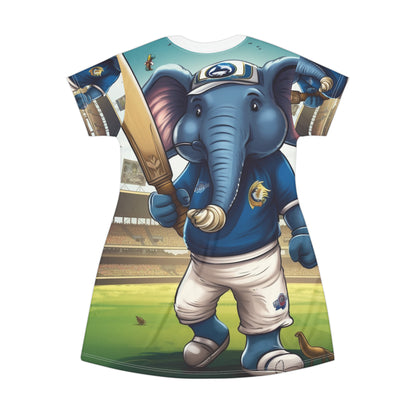 India Elephant Cricket Sport Star: Pitch, Run, Stump Game - Animated Charm - T-Shirt Dress (AOP)