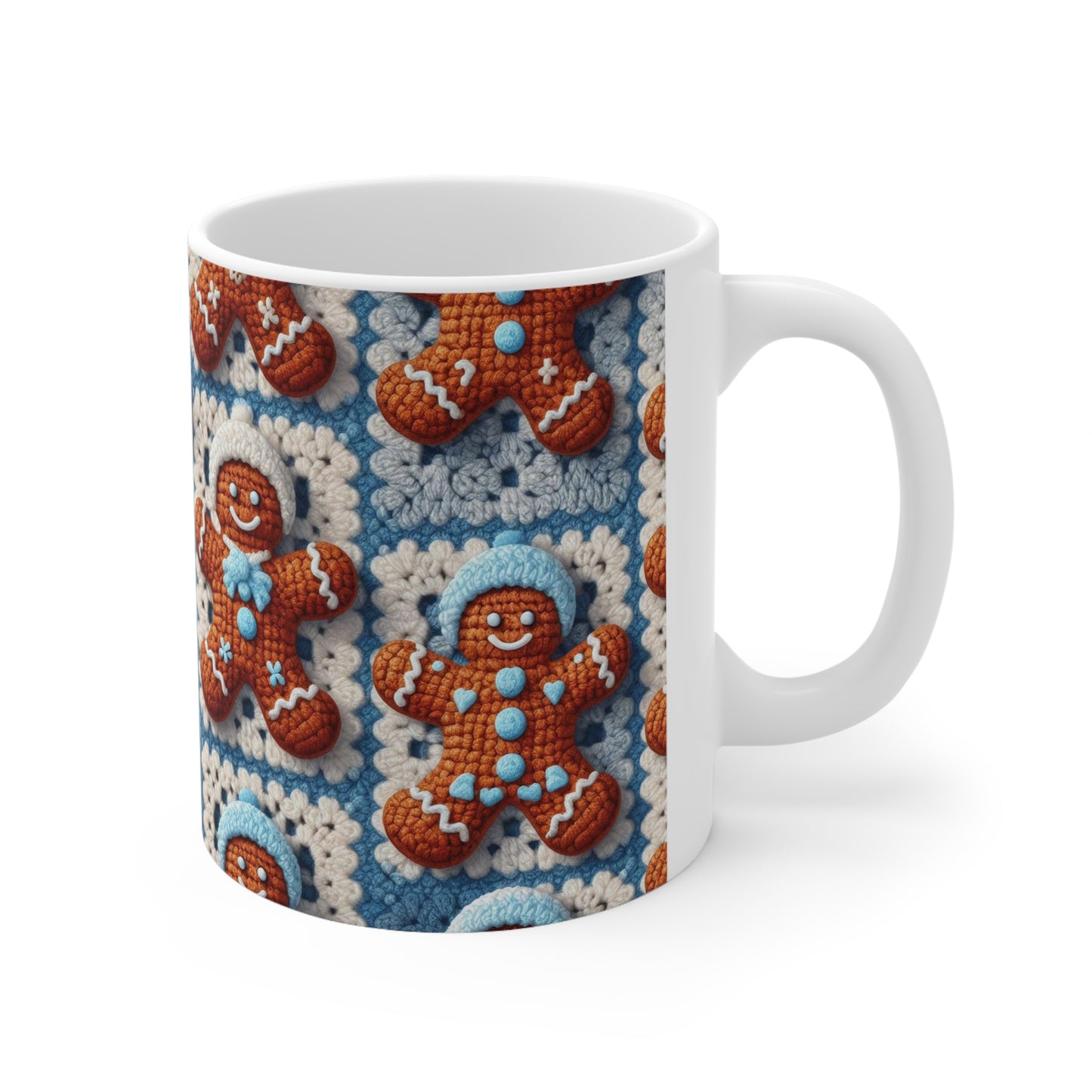 Alegría invernal: Encantadores amigos navideños de pan de jengibre de ganchillo adornados con sombreros nevados y dulces sonrisas - Taza de cerámica de 11 oz