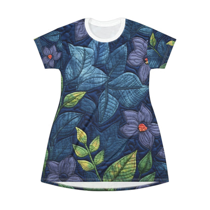 Floral Embroidery Blue: Denim-Inspired, Artisan-Crafted Flower Design - T-Shirt Dress (AOP)