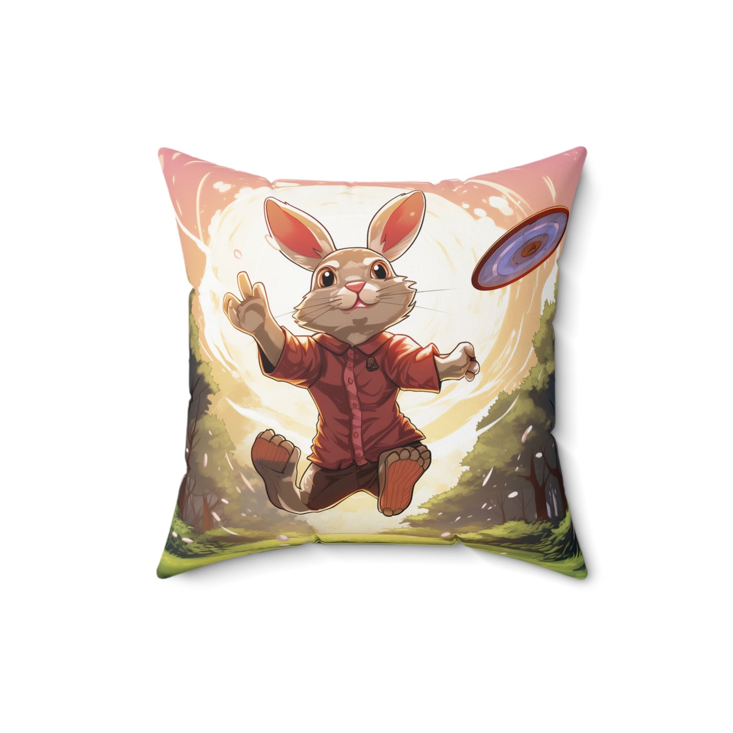 Disc Golf Rabbit: Bunny Aiming Frisbee for Basket Chain - Spun Polyester Square Pillow