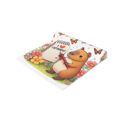 Capybara Holding Pencil and Notepad with I Love Capybaras, Cute Rodent Surrounded by Flowers and Butterflies, Table Runner (Cotton, Poly)