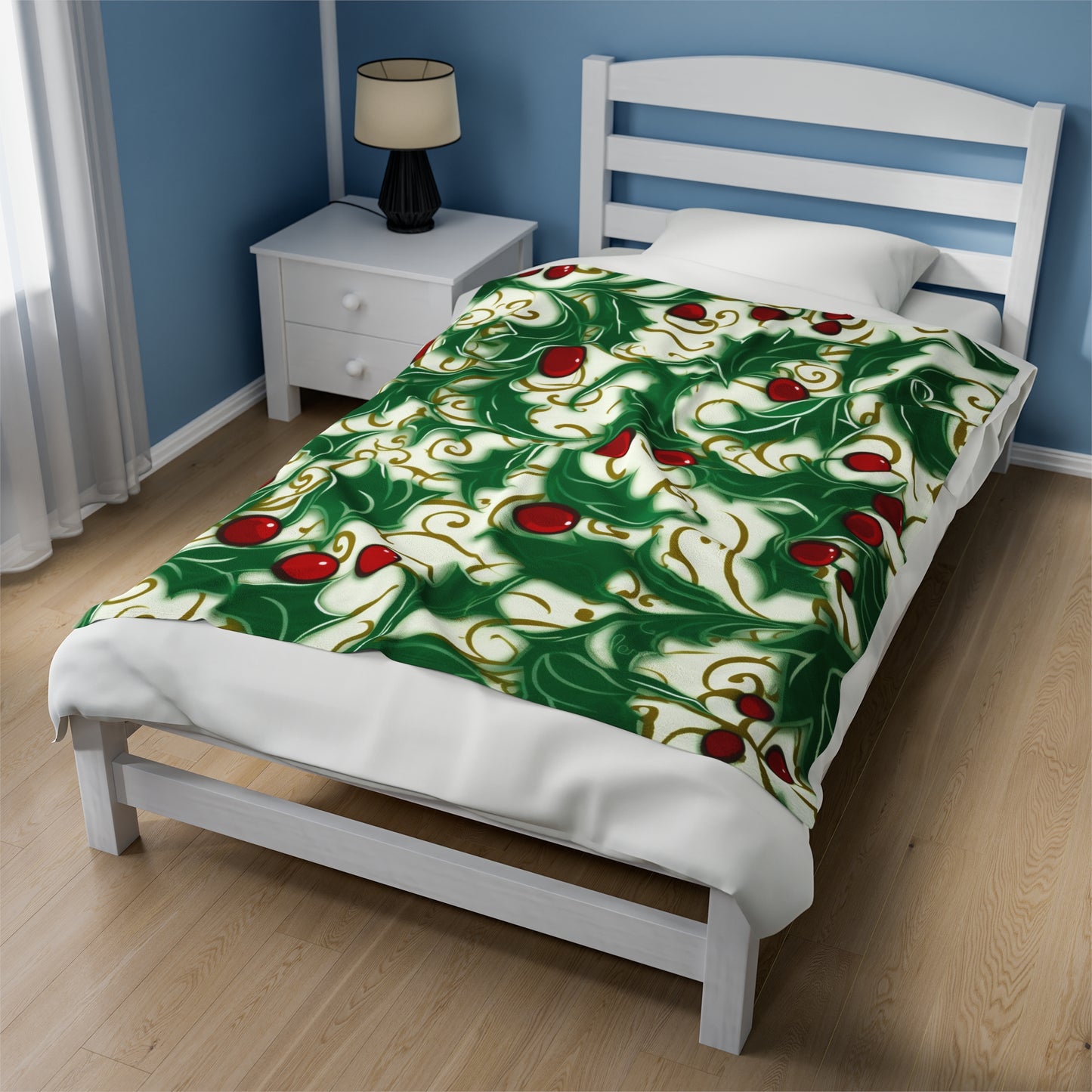 Holiday Elegance: Christmas Holly Swirls Design - Velveteen Plush Blanket