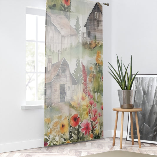 Country Wooden Houses with Flower Blooms - Cottagecore Floral Design - Outdoor Style - Window Curtain
