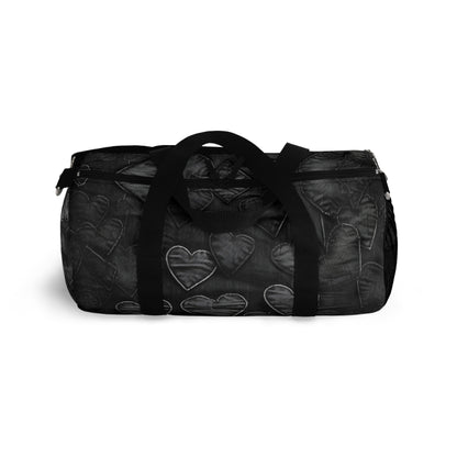 Black: Distressed Denim-Inspired Fabric Heart Embroidery Design - Duffel Bag