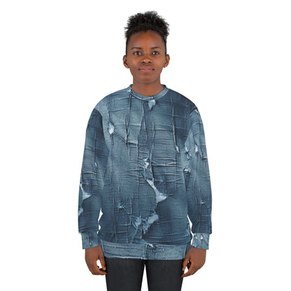 Distressed Blue Denim-Look: Edgy, Torn Fabric Design - Unisex Sweatshirt (AOP)