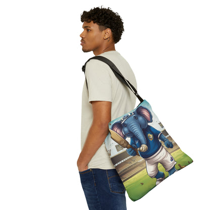 India Elephant Cricket Sport Star: Pitch, Run, Stump Game - Animated Charm - Adjustable Tote Bag (AOP)