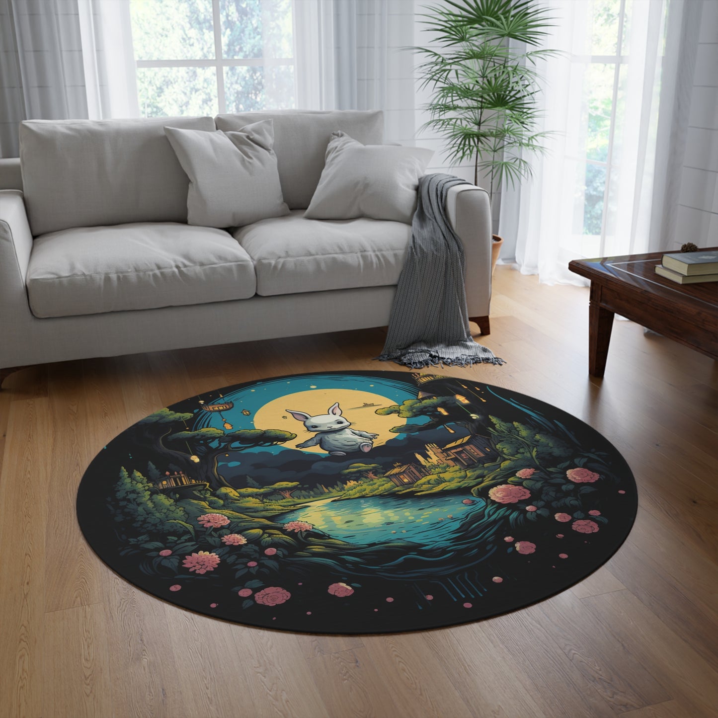 White Rabbit Mystery Psychedelic Fantasy Anime Cartoon Bunny - Round Rug