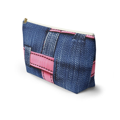 Crossover de rayas color caramelo: cintas de mezclilla rosa bailando en un escenario azul - Bolsa para accesorios con fondo en forma de T