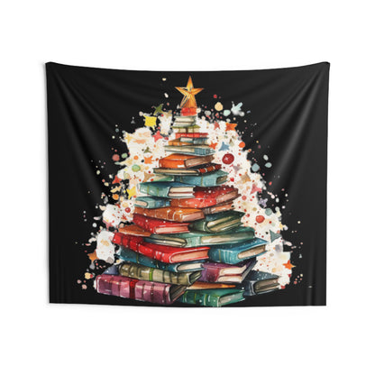 Book Stack Christmas Tree, Festive Holiday Illustration, Cozy Winter Reading Theme, Seasonal Book Lover Artwork - Indoor Wall Tapestries