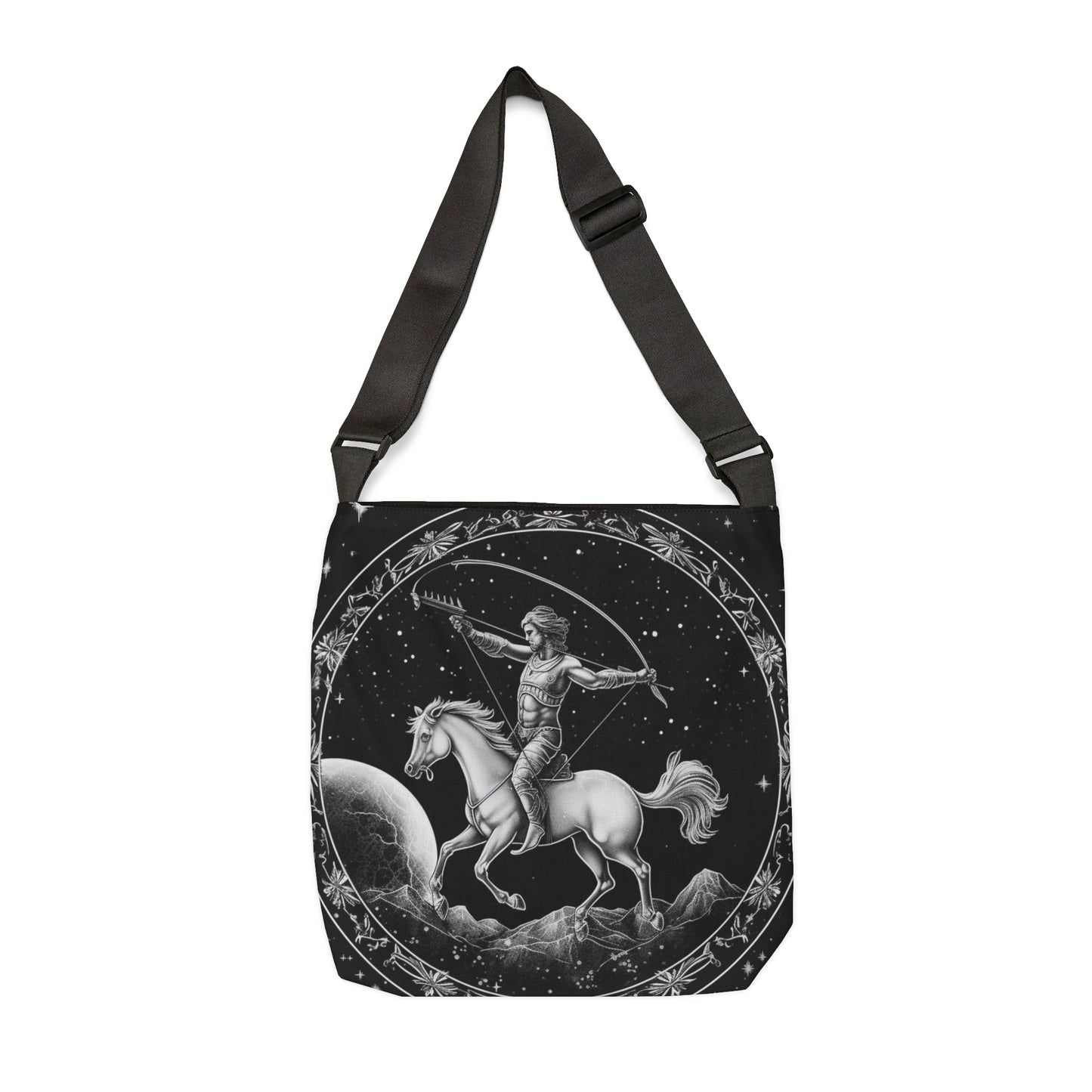 Sagittarius Zodiac Tote Bag, Black White Archer Design, 100% Spun Polyester, Adjustable Strap