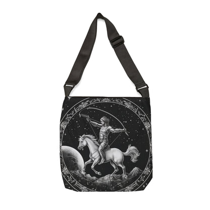 Sagittarius Zodiac Tote Bag, Black White Archer Design, 100% Spun Polyester, Adjustable Strap