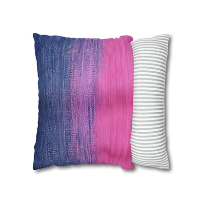 Delicia dual: Ensueño de mezclilla azul y rosa mitad y mitad - Funda de almohada cuadrada de poliéster hilado 