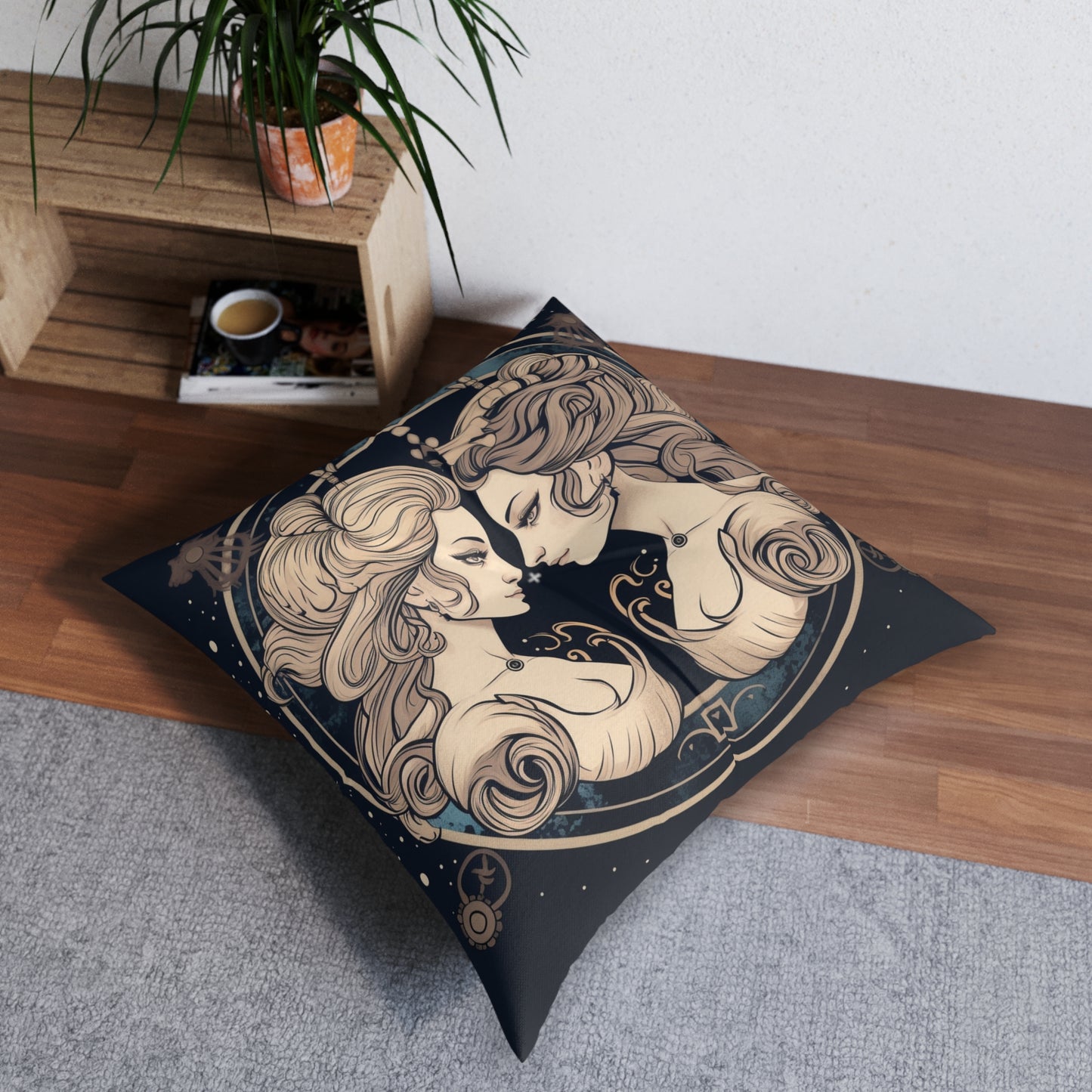 Duality of Gemini - Expressive Twins Zodiac Astrology - Tufted Floor Pillow, Square