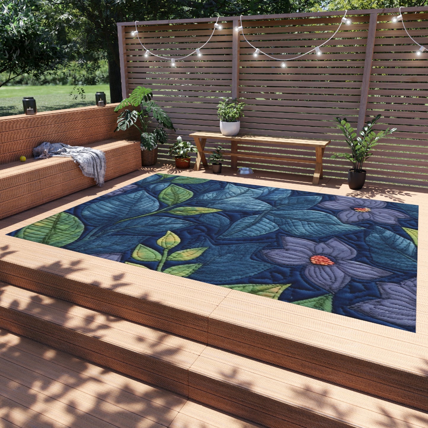 Floral Embroidery Blue: Denim-Inspired, Artisan-Crafted Flower Design - Outdoor Rug