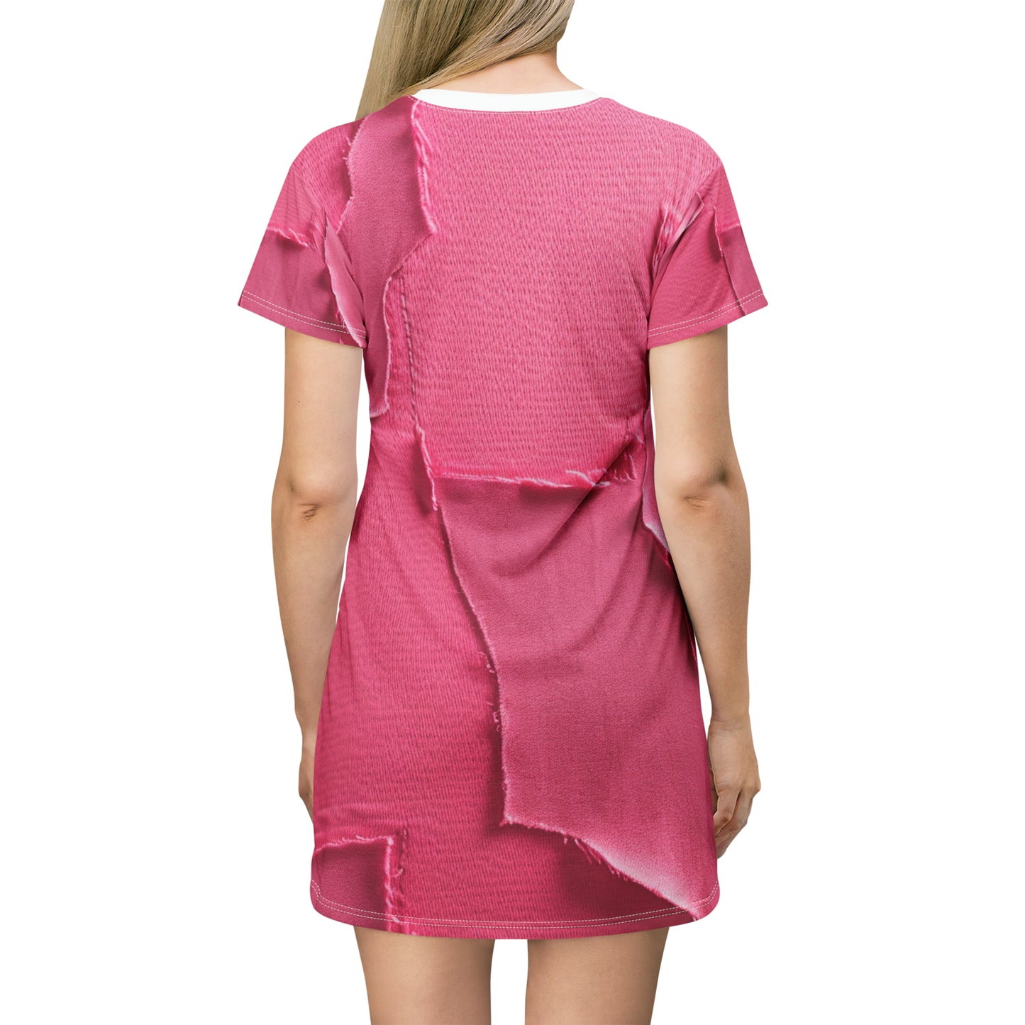 Distressed Neon Pink: Edgy, Ripped Denim-Inspired Doll Fabric - T-Shirt Dress (AOP)