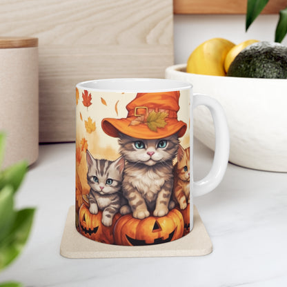 Kitty Cat Kittens Halloween - Lindos Furries en Calabaza - Decoración felina festiva - Taza de cerámica 11oz 