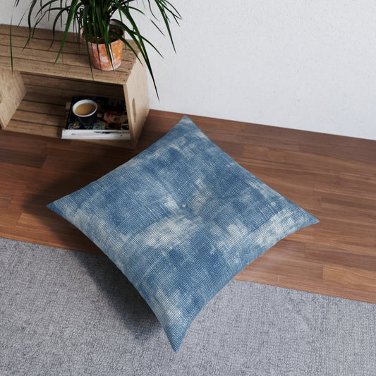 Faded Blue Washed-Out: Denim-Inspired, Style Fabric - Tufted Floor Pillow, Square
