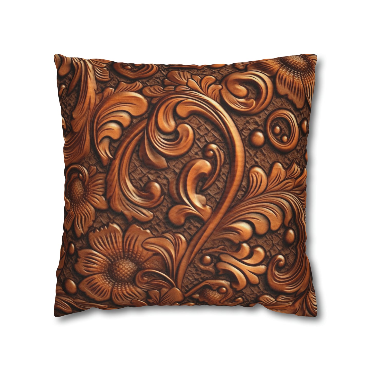 Leather Flower Cognac Classic Brown Timeless American Cowboy Design - Spun Polyester Square Pillow Case