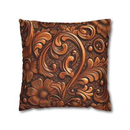 Leather Flower Cognac Classic Brown Timeless American Cowboy Design - Spun Polyester Square Pillow Case