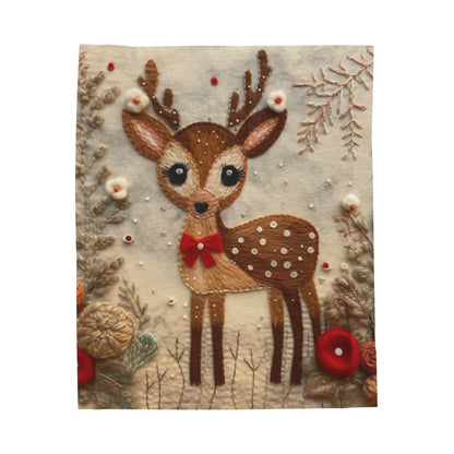 Winter Deer - Style Embroidered Christmas Reindeer, Festive Felt Artwork, Holiday Decor - Velveteen Plush Blanket