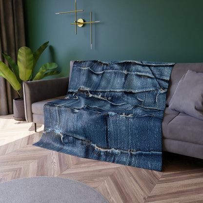 Midnight Blue Distressed Denim: Rugged, Torn & Stylish Design - Crushed Velvet Blanket