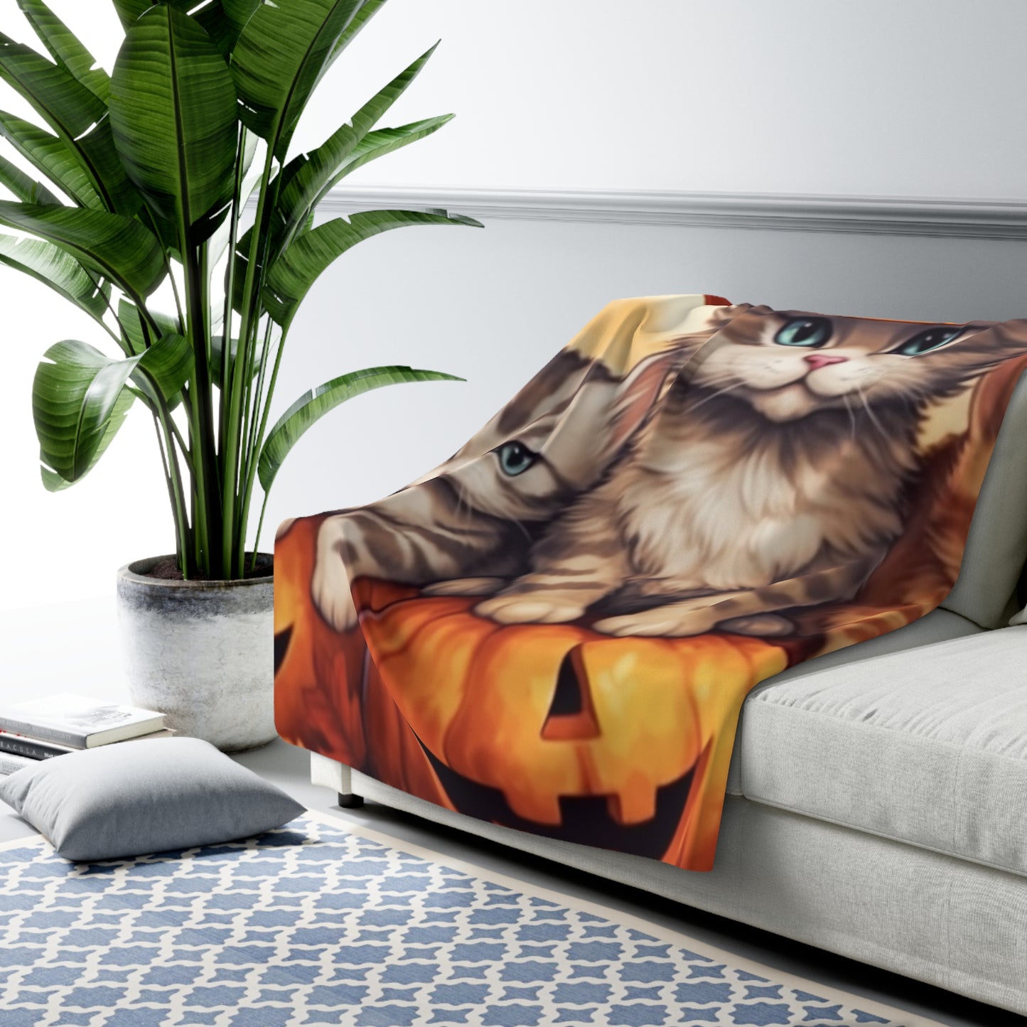 Kitty Cat Kittens Halloween - Cute Furries on Pumpkin - Festive Feline Decor - Sherpa Fleece Blanket