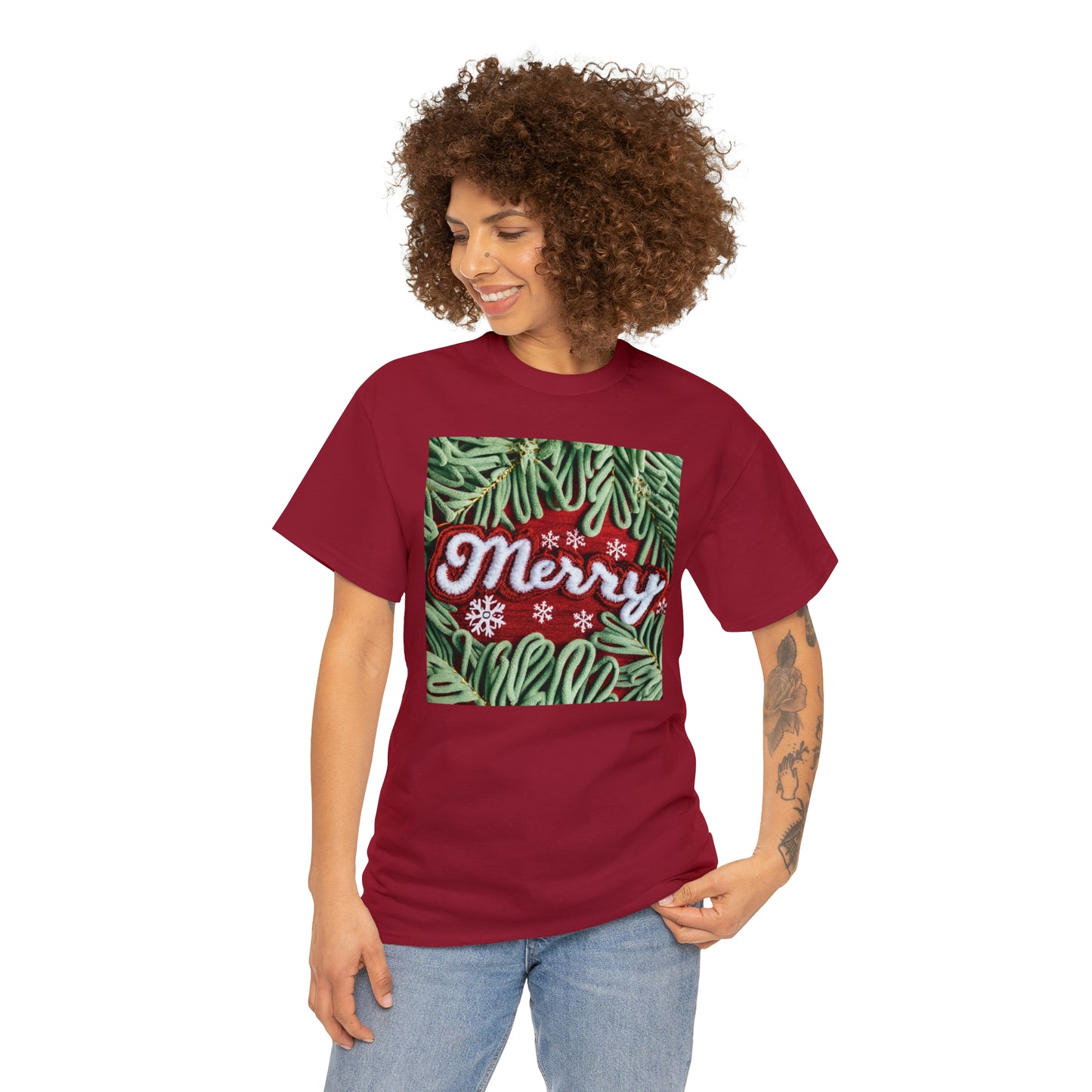 Chenille Patch Festive Design, Holiday Motif, Merry Christmas Theme, Trendy Winter Style - Unisex Heavy Cotton Tee