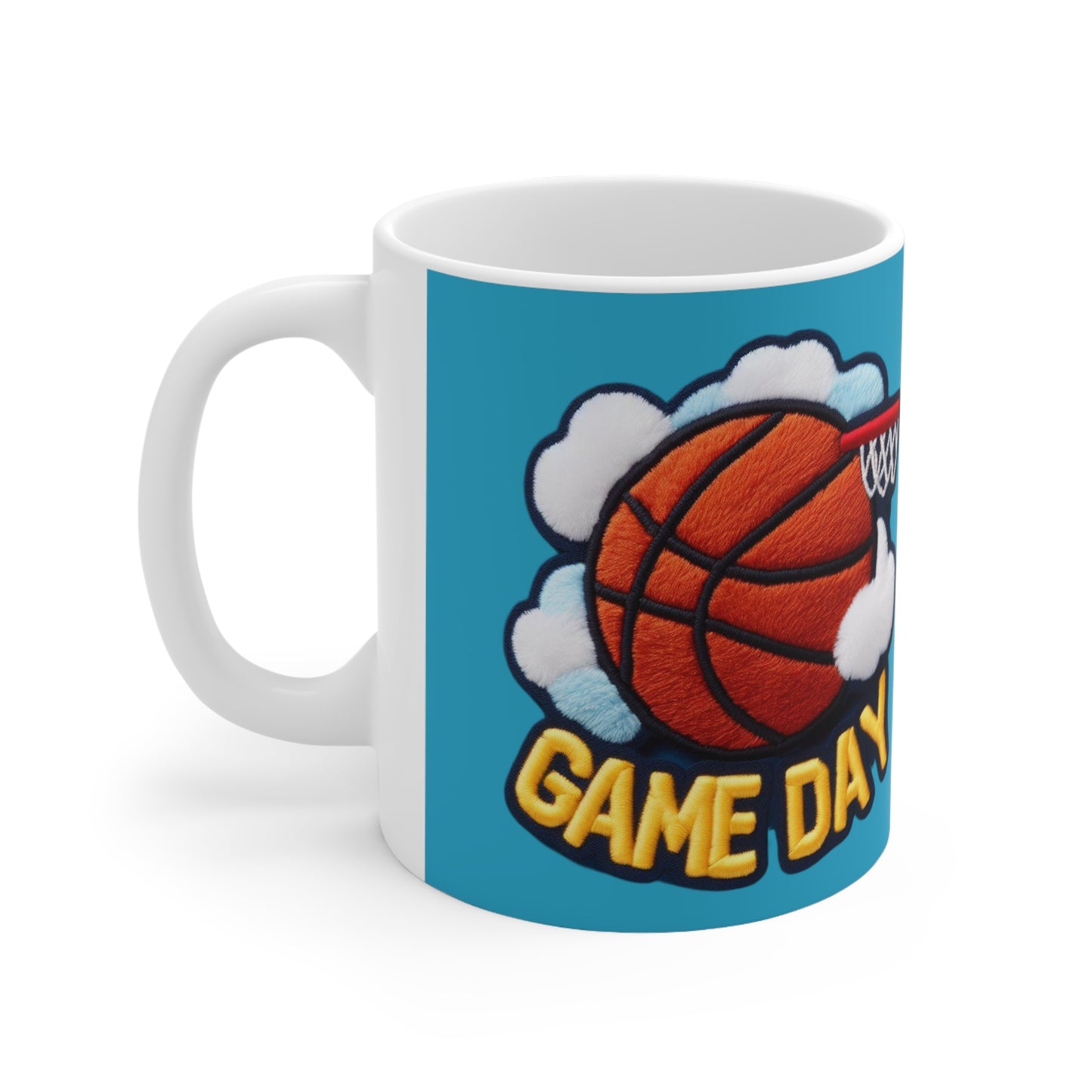 Diseño bordado con parche de chenilla de baloncesto del día del juego - Taza de cerámica de 11 oz 