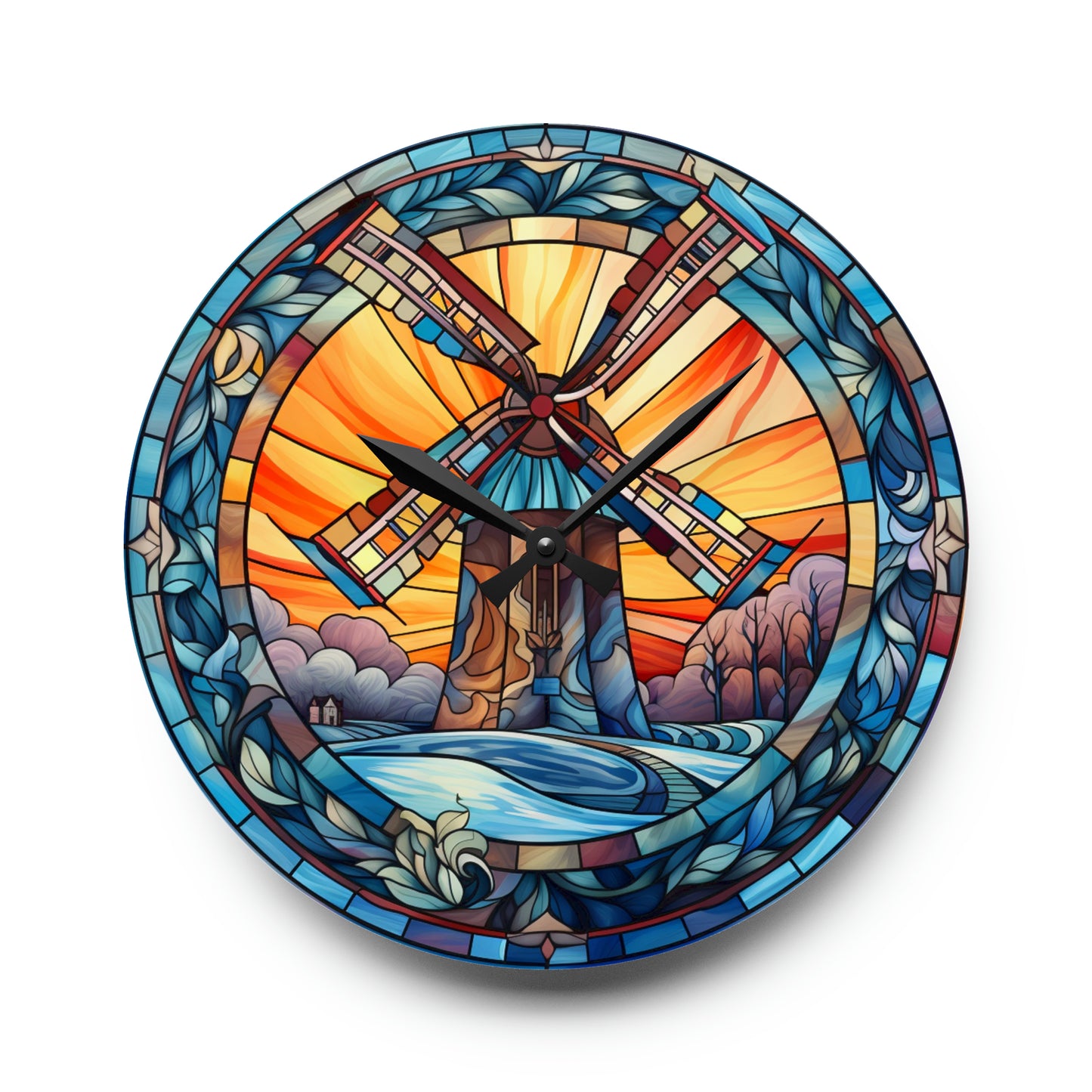 Windmill Stained Glass, Green Energy, Climate Art, Acrylic Wall Clock