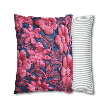 Denim Blue Doll Pink Floral Embroidery Style Fabric Flowers - Spun Polyester Square Pillow Case
